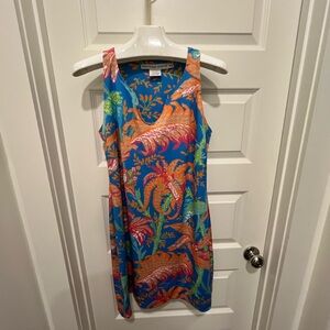 Gretchen Scott Blue and Orange Leaf Print Dress